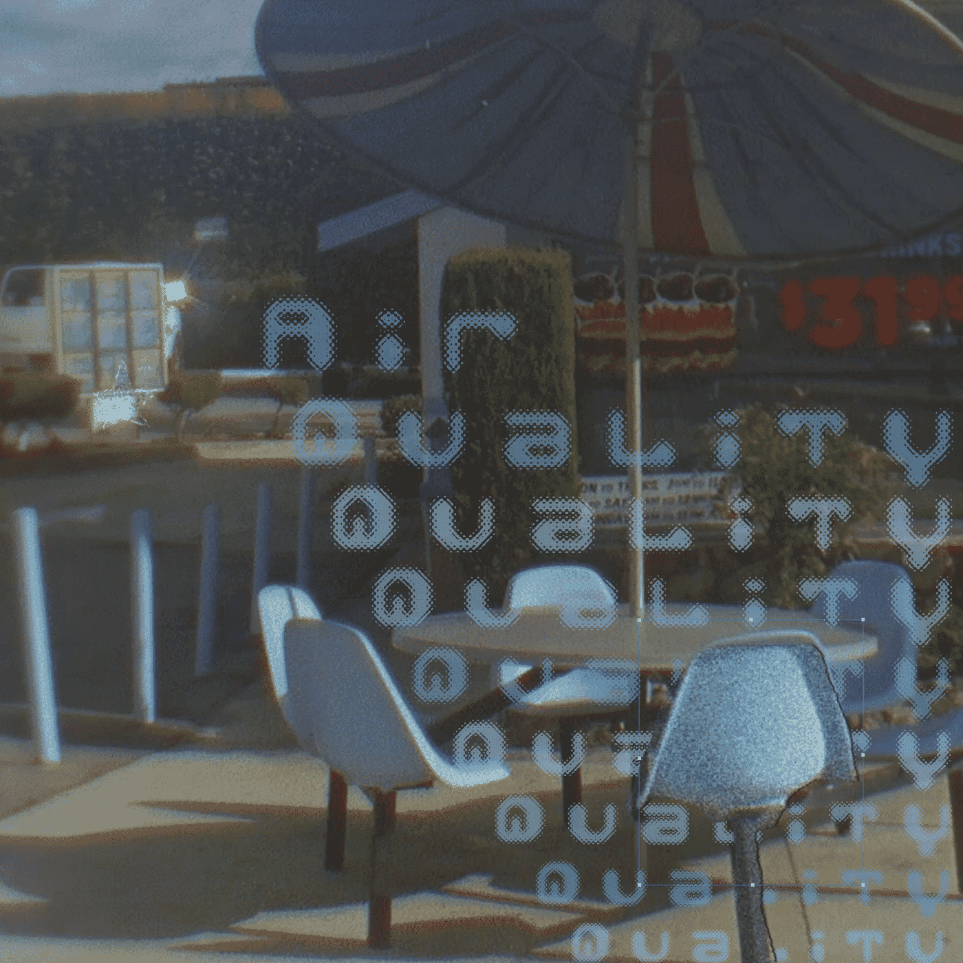Indie lofi playlist cover. A patio umbrella, a cool breeze.