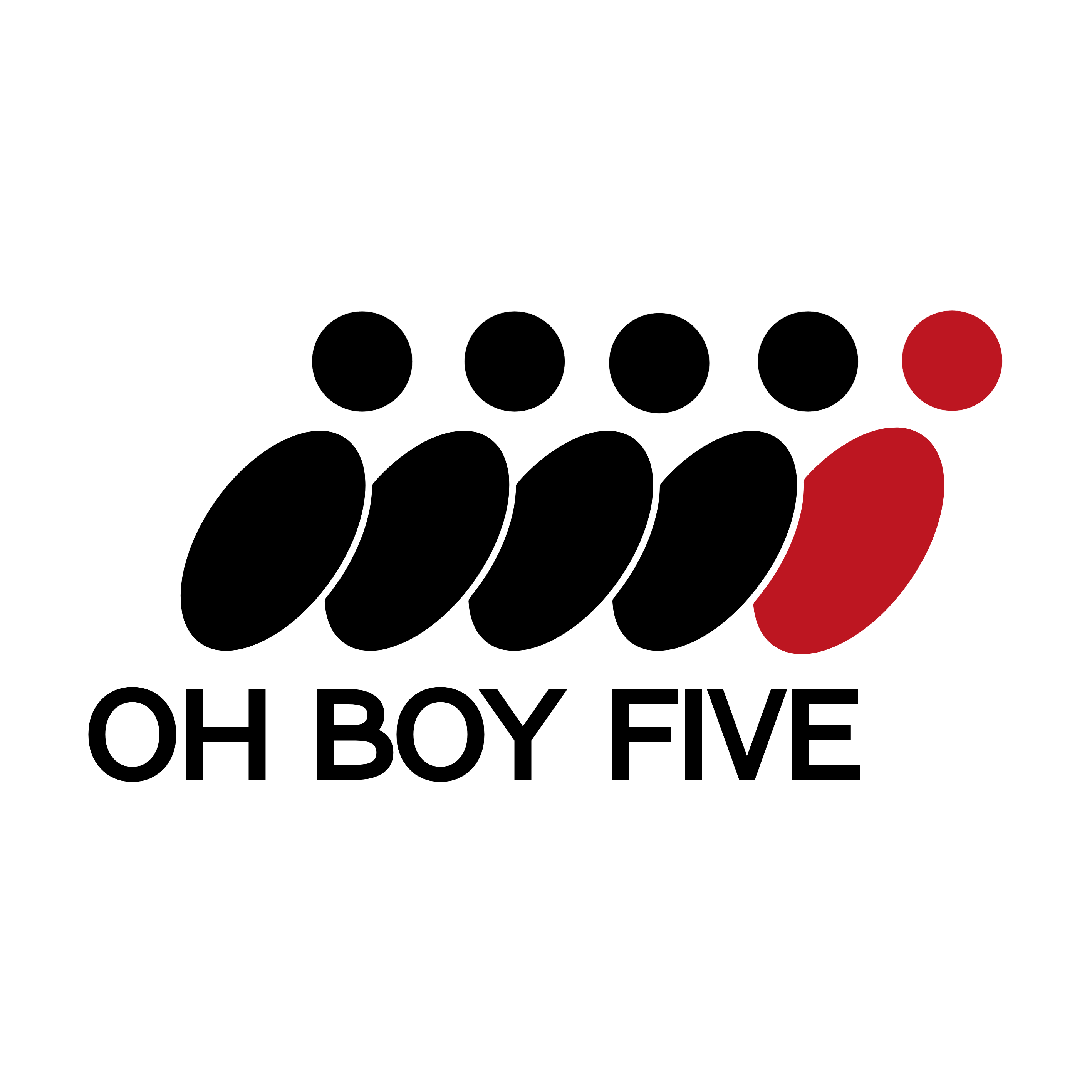 Five figures, the last in red, over the words Oh Boy Five